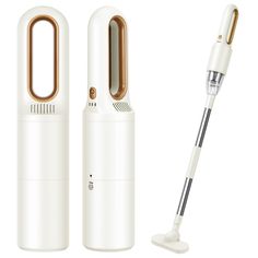 an electric toothbrush next to a white and gold object