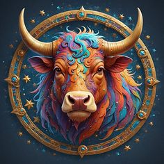 a painting of a bull's head with colorful hair and stars in the background