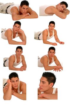 multiple shots of a young man in white tank top laying down and posing for the camera