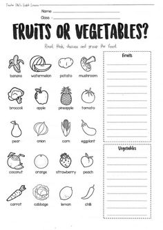 fruits and vegetables worksheet with the words, which are in black and white