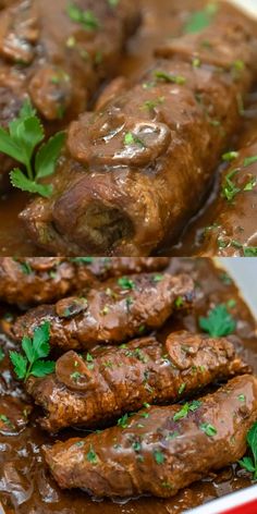 some meat and gravy in a red bowl on a white plate with green garnish