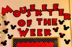 a mickey mouse bulletin board with the words musker of the week on it