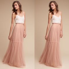 two pictures of a woman wearing a long pink tulle skirt and white tank top