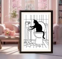 a black cat sitting on top of a toilet in a bathroom next to a window