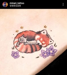 a woman with a tattoo on her stomach has a red fox and cat sleeping together