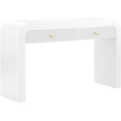 a white desk with two drawers and gold knobs on the top, against a white background