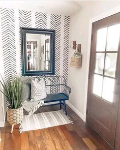 Foyer Design Wallpaper, Front Door Nook Ideas, Split Entry, Foyer Wall, Modern Foyer, Barn Door Installation, Black Bench, Chevron Wallpaper, Boho Farmhouse