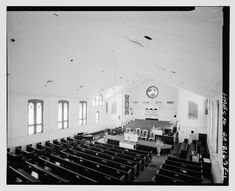 black and white photograph of an empty church