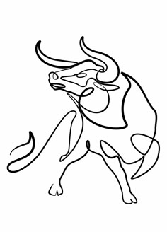 a drawing of a bull with horns on it's head and tail, standing in front of a white background