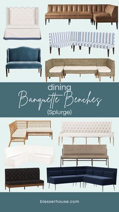 different types of sofas and chairs with text overlay that reads dining banquet benches source