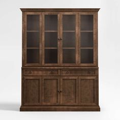 a wooden cabinet with glass doors and drawers on the front, against a white background