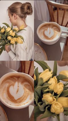 there is a woman holding flowers next to a cup of cappuccino and coffee