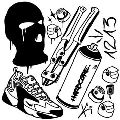 a black and white drawing of various items that include shoes, an object with eyes