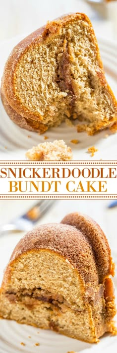 this is a close up view of a bundt cake on a white plate with the words, snickkerpoodle bundt cake