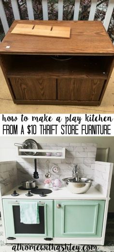 an old toy kitchen is transformed into a play kitchen from $ 10 thrift store furniture