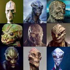 six different alien heads are shown in this composite image, each with an individual's face