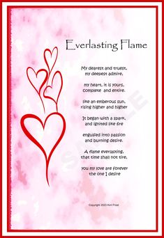 a valentine poem with two hearts and the words everlasting flame written in red