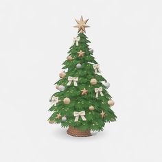 a small green christmas tree with bows and ornaments on it's top, in front of a white background