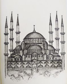 an ink drawing of a mosque in turkey