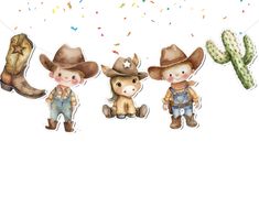 three little boys in cowboy hats are standing next to each other and one is holding a cactus