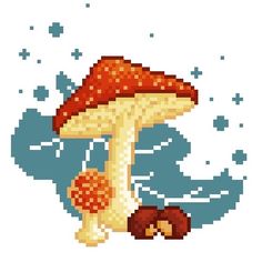 a pixel art mushroom sitting on the ground