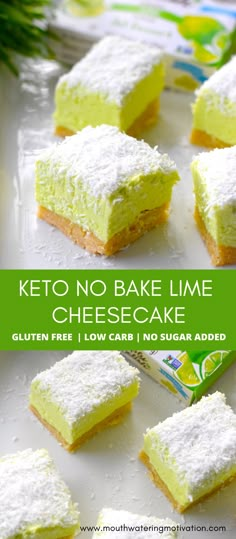 Keto No Bake Lime Cheesecake. The most delicious keto sugar free dessert! This lime cheesecake reminds me of classic key lime pie. Packed with tart and sweet flavour and topped off with shredded coconut. The perfect low carb St.Patrick's Day dessert! #ketolimecheesecake #lowcarblimecheesecake #ketokeylimecheesecake #ketolimedesserts #ketokeylimepie Keto Lasagna, Gluten Free Cheesecake, Lime Cheesecake, Bite Size Desserts, Keto Dessert Easy, Lost 100 Pounds, Low Carb Sweets