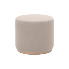 a round stool with a wooden base and fabric upholstered on the back side