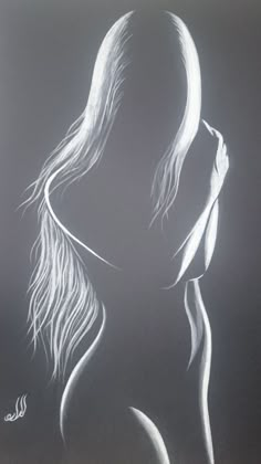 a drawing of a woman's back with her long hair blowing in the wind