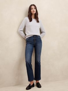 High-Rise Bootcut Crop Jean | Banana Republic Factory Classic Jeans Women, Cropped Bootcut Jeans Outfit, Bootcut Jeans With Sneakers, Women Classic Style, Bootcut Jeans Outfit, Stretch Denim Fabric, Water Saving, Shank Button, Banana Republic Factory