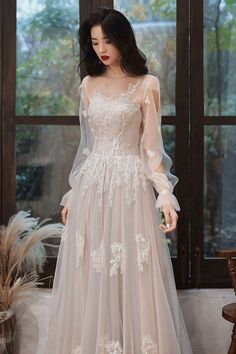 Lovely Lace Long A-Line Formal Dress, Long Sleeve Evening Dress