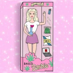 a barbie doll in a pink box with the words baked barbie on it