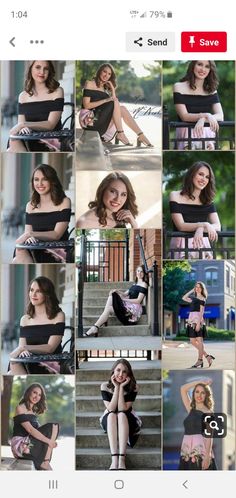 a collage of photos with different women in black and pink dresses, sitting on the steps