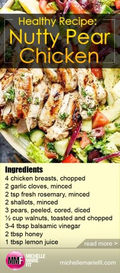 a recipe for nutty pear chicken on a plate with vegetables and meats