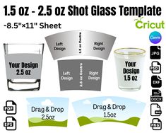 the glass is labeled with different designs and sizes