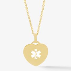 The Heart and Oval Chain Necklace in Gold is the perfect blend of style and safety. The heart-shaped pendant can be engraved with your personal medical information, making it easily accessible to first responders in case of an emergency. This gold tone stainless steel pendant is a great choice for everyday wear. Keep your medical information close to your heart with this stylish and secure necklace.

This heart-shaped medical alert necklace is the perfect option for those with dexterity challeng Medical Alert Necklace, Medical Alert Jewelry, Hope Bracelet, Medical Id Bracelets, Medic Alert Bracelets, Necklace Extender, Medical Alert, Health Info, Stainless Steel Pendant