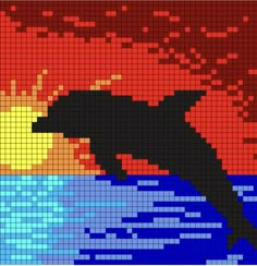 a pixellated image of a dolphin jumping in the air over water at sunset or sunrise