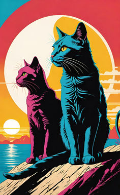 two cats are sitting on the edge of a pier at sunset, one cat is staring off into the distance