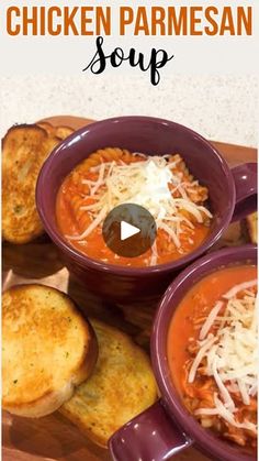 two bowls of chicken parmesan soup with bread on the side