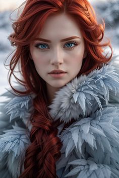 a woman with long red hair and blue eyes wearing a fur coat in the snow