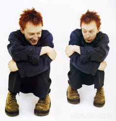 two images of a man with red hair and brown boots sitting on the ground, both looking at each other