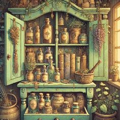 a painting of an old cabinet filled with jars and other things on it's shelves