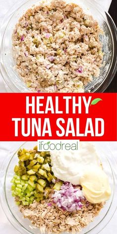 healthy tuna salad in a glass bowl with dressing and mayonnaise on the side