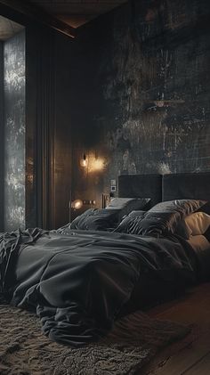 a large bed sitting next to a window in a room with lots of dark colored furniture