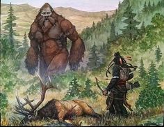 an image of two people in front of a bigfoot and dead deer with antlers