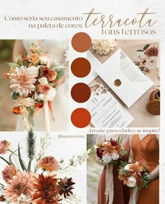 the color scheme for this wedding is orange and brown, with white flowers in it