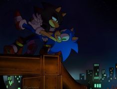 sonic the hedgehog playing on top of a piano in front of a city at night