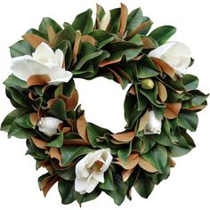 a wreath with white flowers and green leaves hanging on a wooden door hanger against a white painted wall