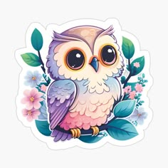 an owl with big eyes sitting on a branch surrounded by flowers and leaves sticker