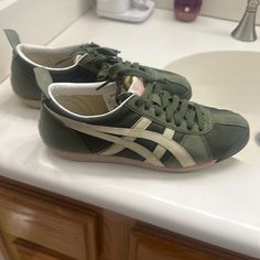 Pre-Loved. Tiger Sneakers, Vision Boards, Asics Shoes, Onitsuka Tiger, Green Cream, Womens Shoes Sneakers, Shoes Sneakers, Size 7, Women Shoes