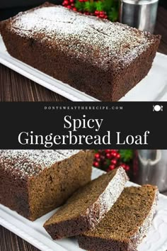 two slices of spicey gingerbread loaf on a white plate